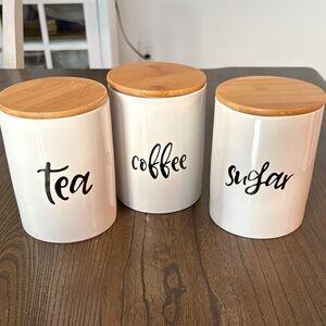White Ceramic Tea, Coffee, and Sugar Canister Set with Wooden Lids